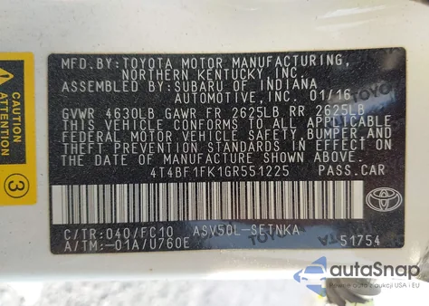 2016 Toyota Camry Le from USA, damaged, VIN 4T4BF1FK1GR551225